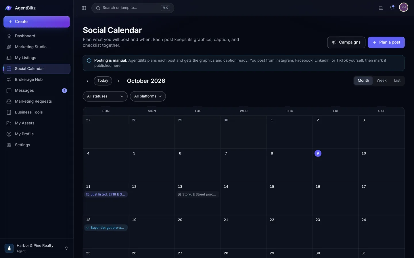 The Social Calendar in month view with planned posts, a note that posting is manual, filters for status and platform, and a Campaigns button.
