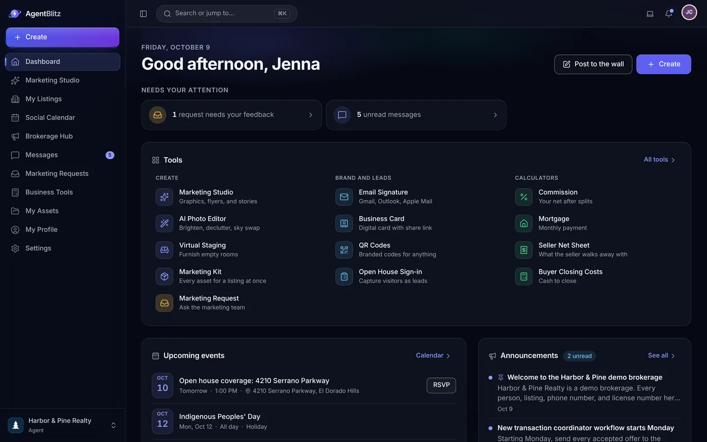 The AgentBlitz agent dashboard: items that need attention, a tools panel for the Marketing Studio, AI photo editor, virtual staging, marketing kits, email signatures, business cards, QR codes, open house sign-in and calculators, plus upcoming events and announcements.