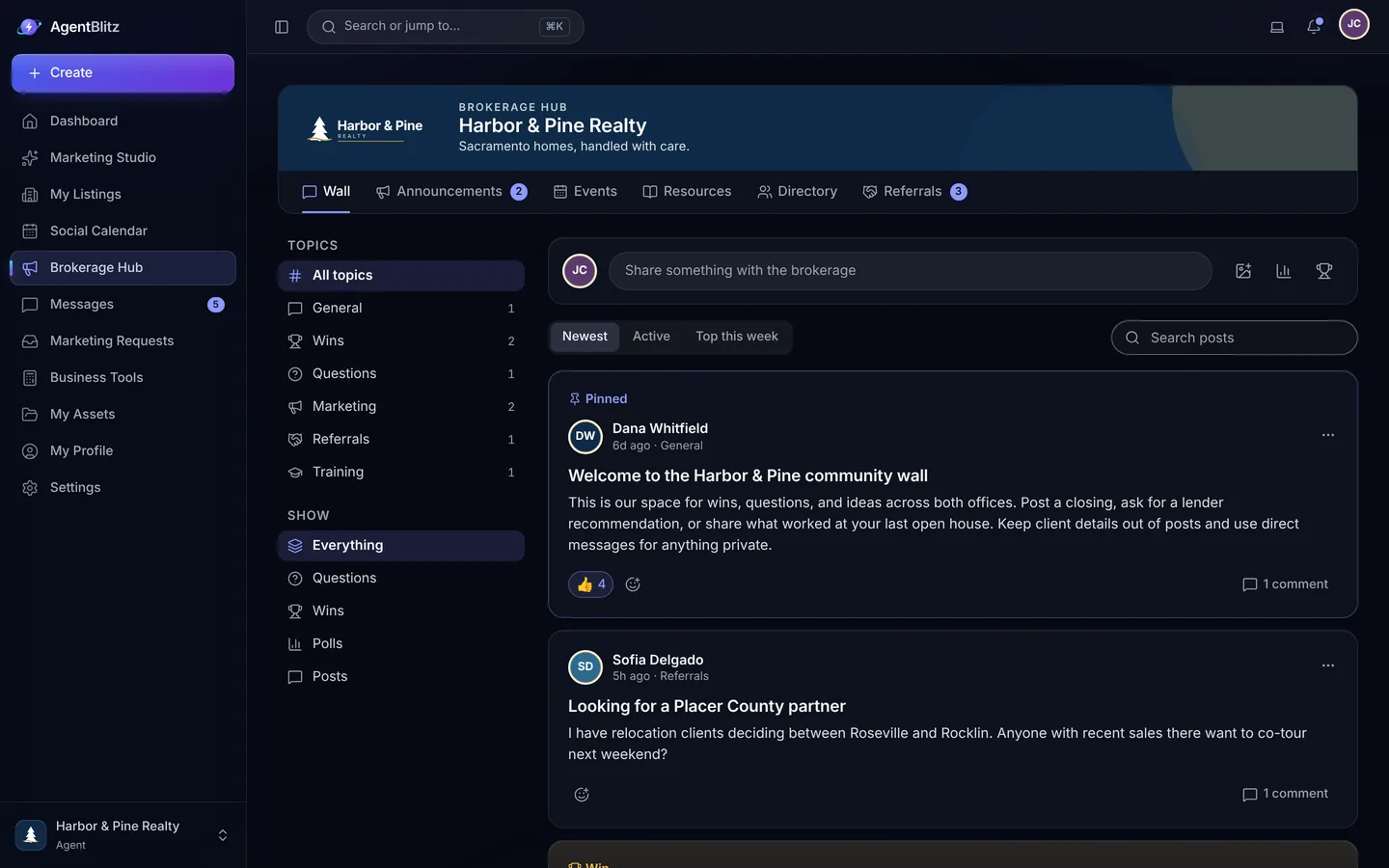 The Brokerage Hub community wall with topics, a composer, and pinned and recent posts from agents.