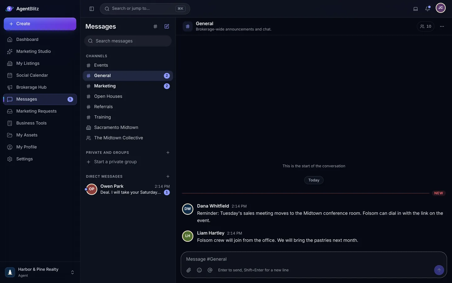 Messages with channels for events, general, marketing, open houses, referrals and training, an office channel, a team channel, direct messages and a conversation.